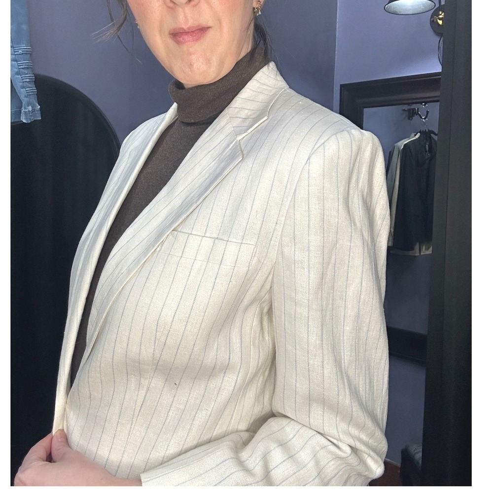 Ralph Lauren Cream Blue Pinstripe Linen Blazer 90s Vintage Old Money Tailored 8